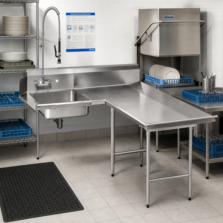 Product image #2 for Advance Tabco 107-Inch Right-Hand L-Shaped Dishlanding Soil Dishtable with Pre-Rinse Sink, 16/304 Stainless Steel