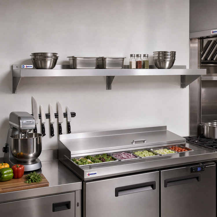 Product image #2 for Omcan USA 84-Inch x 16-Inch Wall-Mounted 430 Stainless Steel Shelf with 1-1/2-Inch Rear Up-Turn