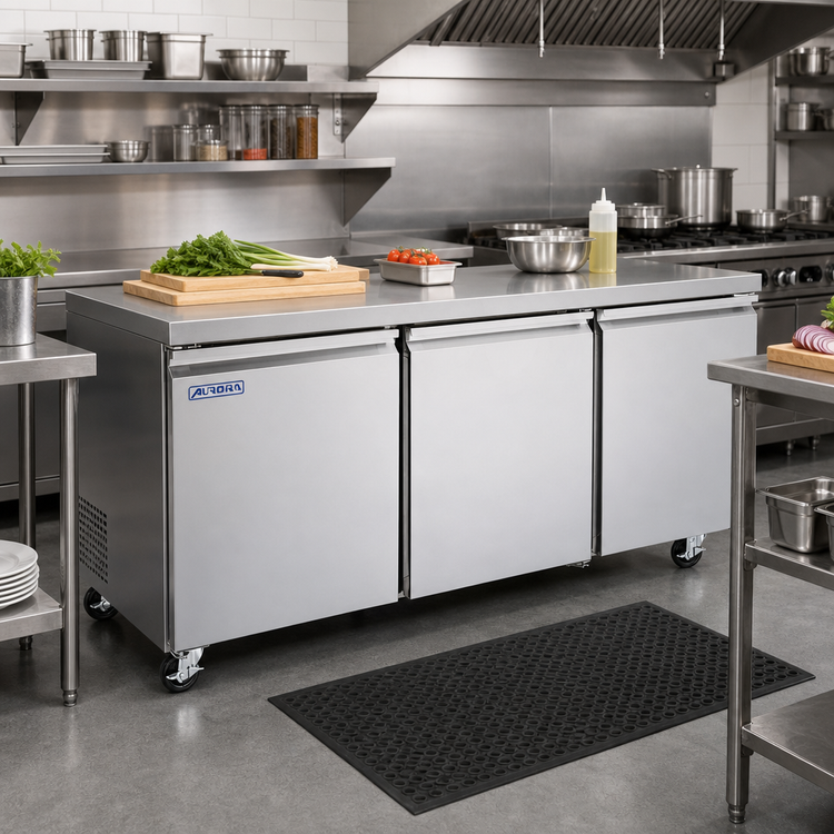 Product image #2 for Aurora 72-Inch Three-Section Undercounter Reach-In Refrigerator, Rear-Mounted Self-Contained, Solid Doors