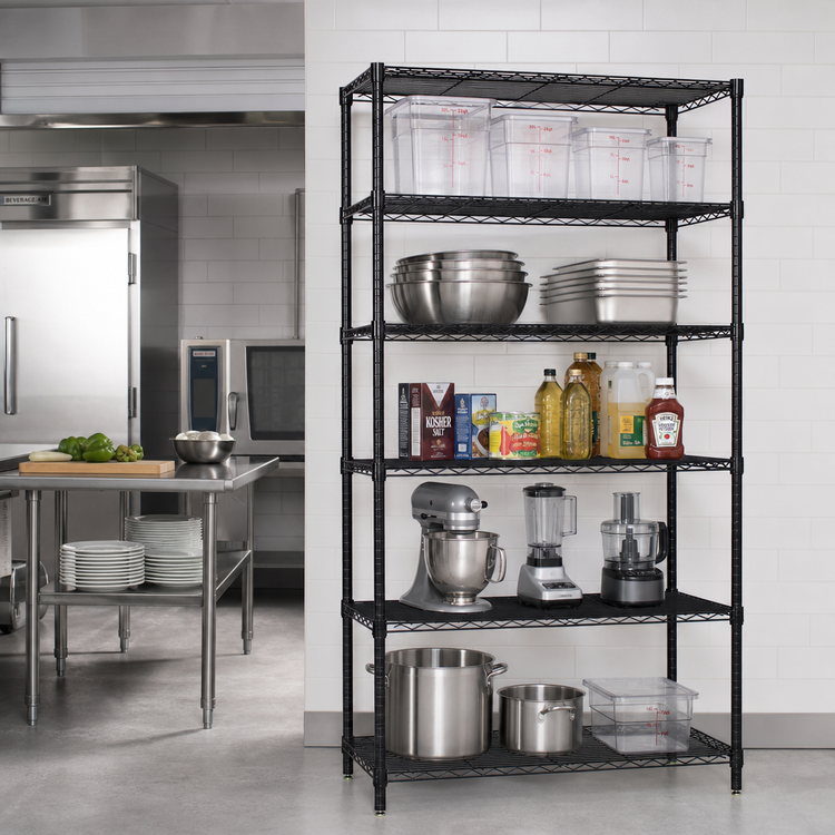 Product image #2 for Quantum 48"W x 30"D x 86"H Stationary Wire Shelving Starter Kit, 5 Shelves, Black Epoxy Antimicrobial Finish