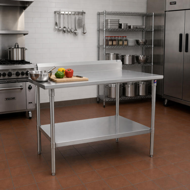 Product image #2 for John Boos Stallion 16-Gauge 300 Series Stainless Steel Top Work Table with 5-Inch Backsplash, 48 x 24 Inches