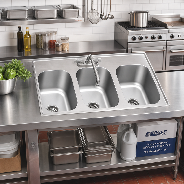 Product image #2 for Eagle Group Three-Compartment Self-Rimming Drop-In Sink, 304 Stainless Steel, 16 x 20 x 13-1/2 Inch Bowls