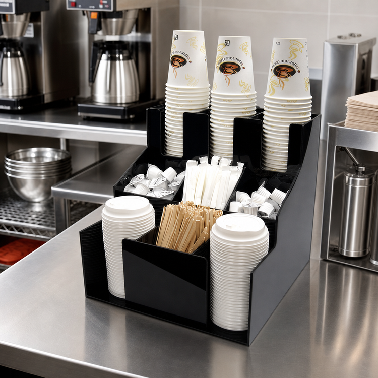 Product image #2 for Winco Countertop 3-Tier Cup & Lid Organizer, 4 Compartments, Black ABS Plastic