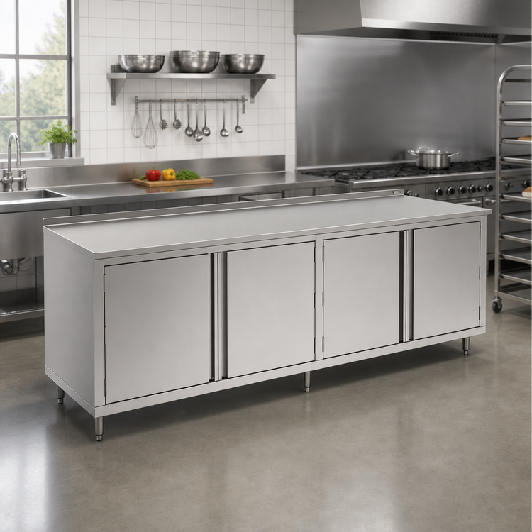 Product image #2 for John Boos Cabinet Base Enclosed Work Table with Hinged Doors, 120 x 36 Inches, 14-Gauge Type 300 Stainless Steel Top