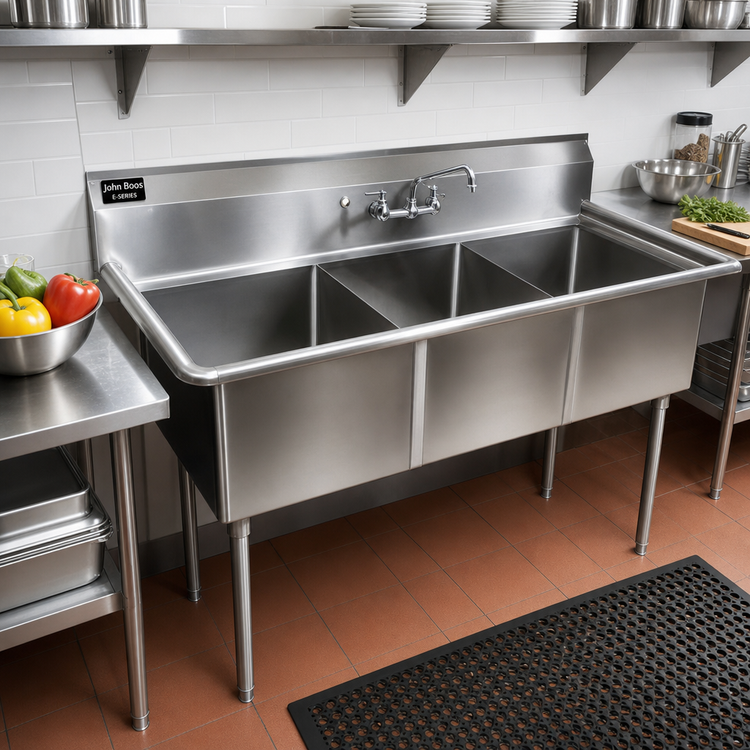 Product image #2 for John Boos E-Series 3-Compartment Stainless Steel Sink, 53"W x 25-1/2"D, 16" x 20" x 12" Bowls