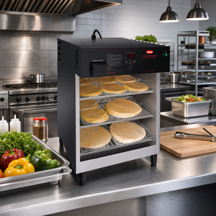 Product image #2 for Hatco Flav-R-Savor 3-Tier Humidified Countertop Heated Air Curtain Food Display Cabinet for Half-Size Sheet Pans