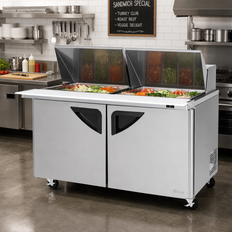 Product image #2 for Turbo Air Super Deluxe 60-Inch Two-Section Sandwich/Salad Mega Top Refrigerated Prep Table with 24-Pan Opening