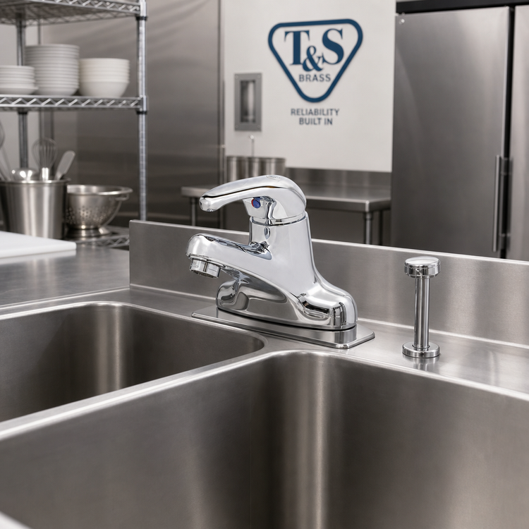 Product image #2 for T&S Brass Low-Lead Single Lever 4-Inch Center Set Manual Faucet with Ceramic Cartridge and Pop-Up Drain Assembly