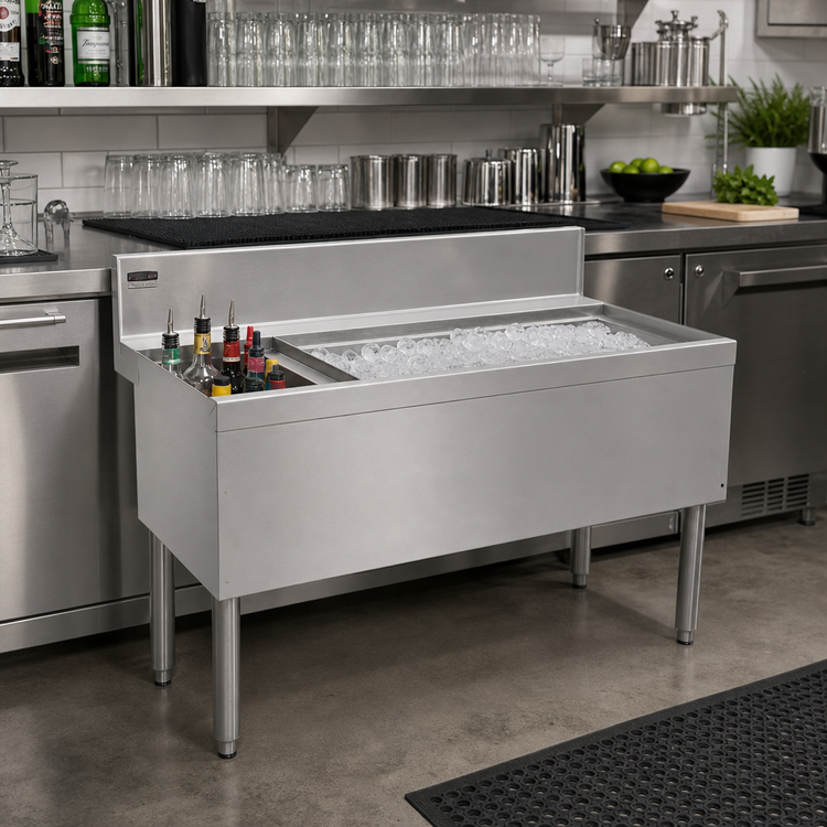 Product image #2 for Advance Tabco Prestige Supreme 42-Inch Stainless Steel Bar Ice Bin with Left Bottle Storage Rack and 7-Inch Backsplash, No Cold Plate