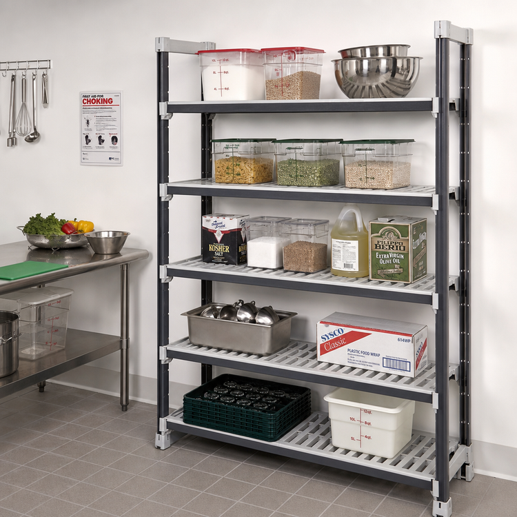Product image #2 for Cambro Camshelving Elements XTRA 5-Tier Stationary Add-On Polymer Shelving Unit, 18 x 48 x 84 Inches, Vented, Speckled Gray