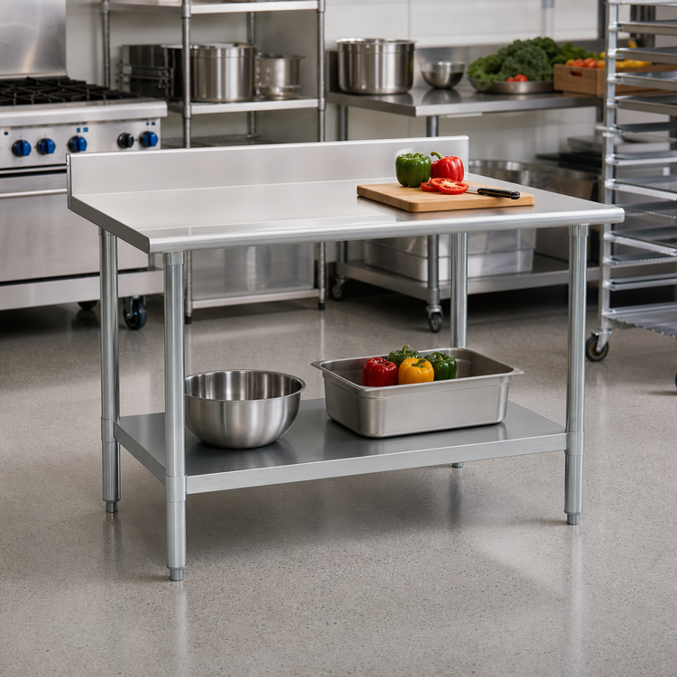 Product image #2 for Eagle Group Budget Series 48"W x 30"D 430 Stainless Steel Work Table with 4-1/2" Backsplash and Adjustable Galvanized Undershelf