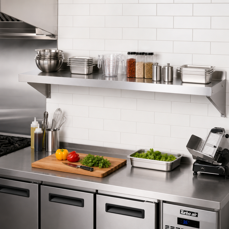 Product image #2 for Turbo Air 96-Inch Wall-Mounted 18-Gauge 304 Stainless Steel Wall Shelf with 2-Inch Rear Up-Turn