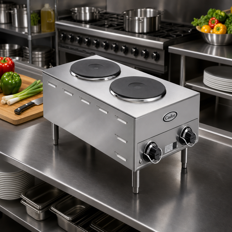 Product image #2 for 14-3/4 Inch Wide Countertop Electric Hot Plate with Two Solid Cast Iron French Plate Burners, Stainless Steel