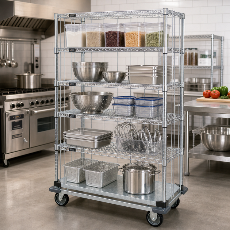 Product image #2 for Quantum Mobile Enclosure Cart Wire Shelving Unit with 5 Shelves, 60W x 18D x 70H, Chrome Plated
