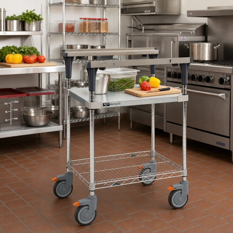 Product image #2 for Metro PrepMate MultiStation Mobile Prep Cart with 18 x 24 Solid Galvanized Shelf and Brite Zinc Wire Shelf