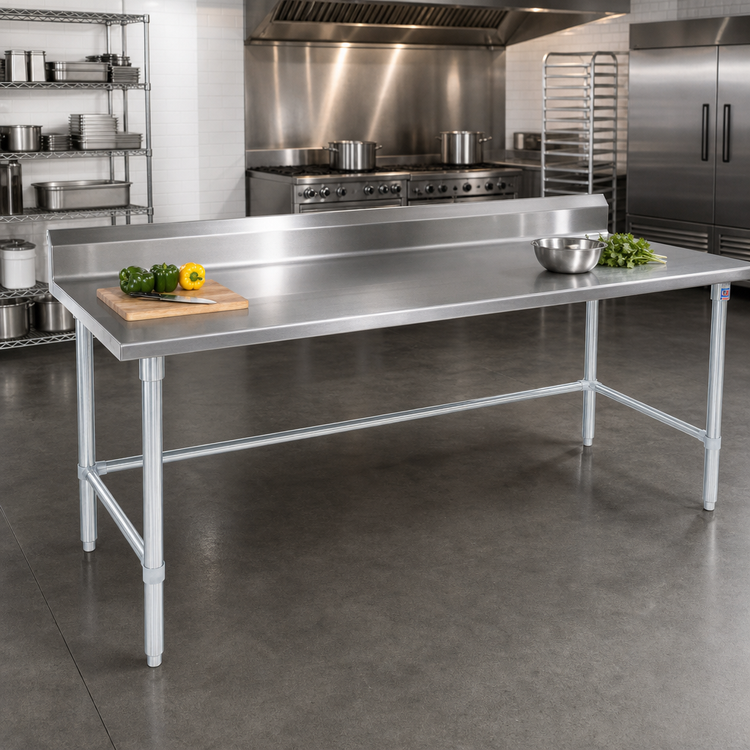 Product image #2 for John Boos Stallion 120-Inch x 36-Inch 16/300 Stainless Steel Work Table with 5-Inch Backsplash and Galvanized Base