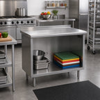 Thumbnail image #2 for Eagle Group Spec-Master UOB2448SE Open-Front Stainless Steel Work Table with Cabinet Base, 48W x 24D, 14-Gauge Top, 1-1/2-Inch Rear Up-Turn