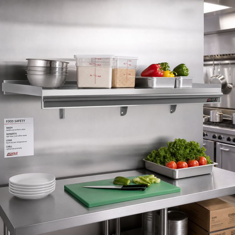Product image #2 for Eagle Snap-n-Slide 72-Inch Wall-Mounted 12-Inch Deep 16-Gauge Stainless Steel Shelf with Ticket Rail
