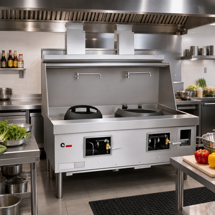 Product image #2 for York Commercial Gas Wok Range with 2 Chambers, Water-Cooled Top and Chinese Swing Faucets