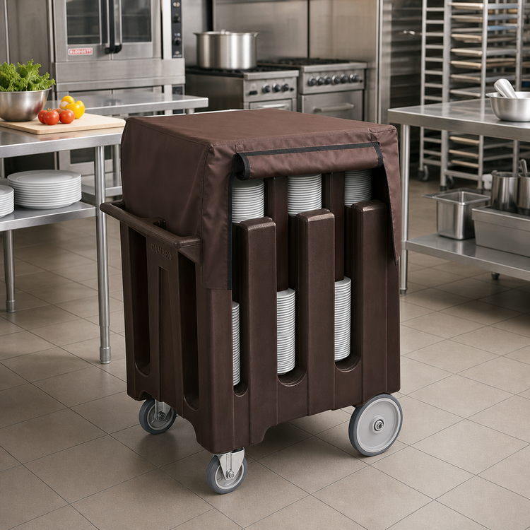 Product image #3 for Cambro 6-Column Dish Caddy Cart for 7-Inch Plates with Vinyl Dust Cover, Dark Brown