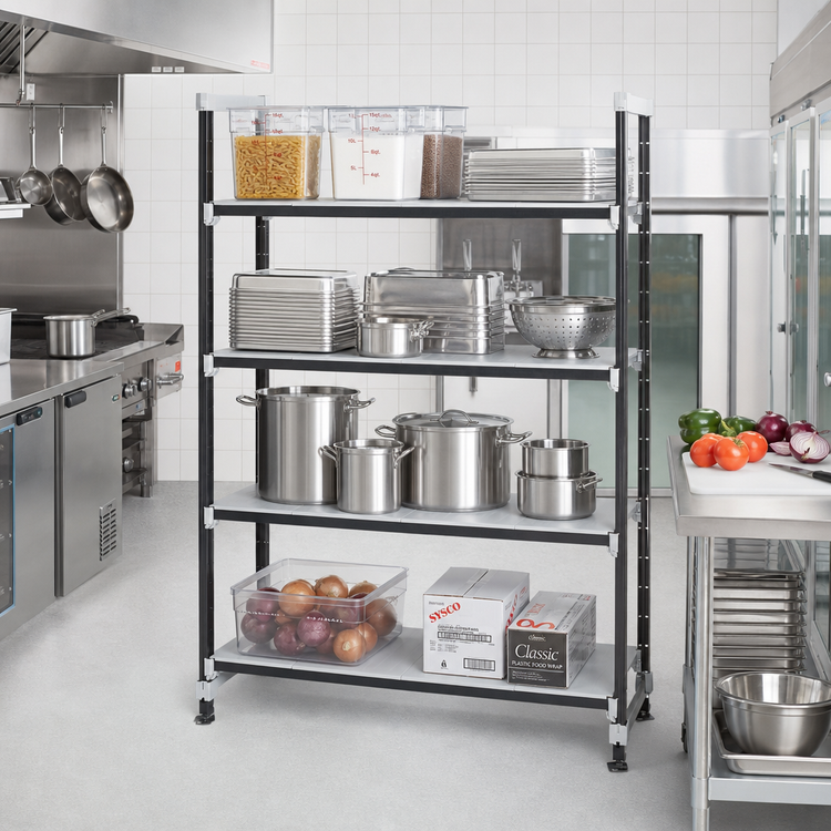 Product image #2 for Cambro Camshelving Elements XTRA 4-Shelf Solid High Density Top Rail Stationary Starter Unit, 21"D x 54"L x 81"H, Speckled Gray