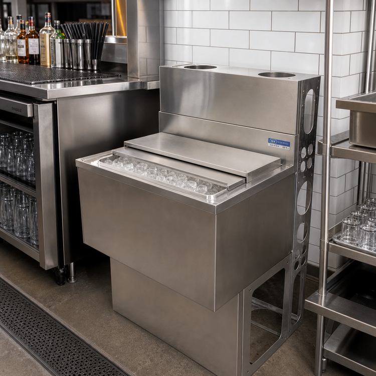 Product image #2 for BK Resources Underbar Ice Bin with 8-Circuit Aluminum Cold Plate, 140 lb Capacity, 43-Inch Wide