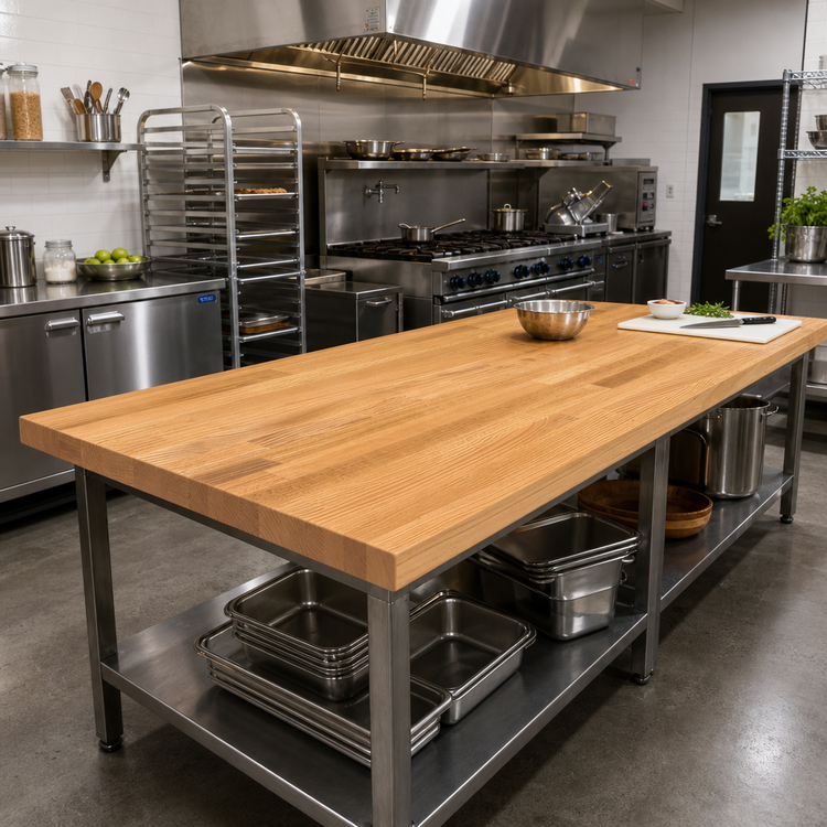 Product image #2 for John Boos Appalachian Red Oak Island Countertop, 108 x 38 x 1-1/2 Inch, Blended Edge Grain, Varnique Finish