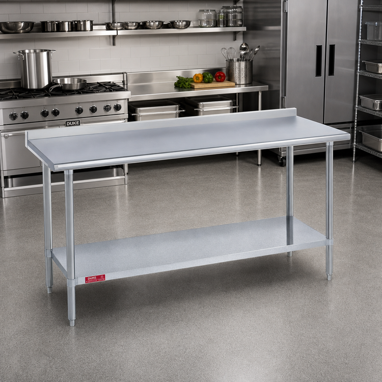 Product image #2 for Duke 48 Inch x 30 Inch 14 Gauge 300 Series Stainless Steel Work Table with 1-1/8 Inch Riser and Galvanized Undershelf