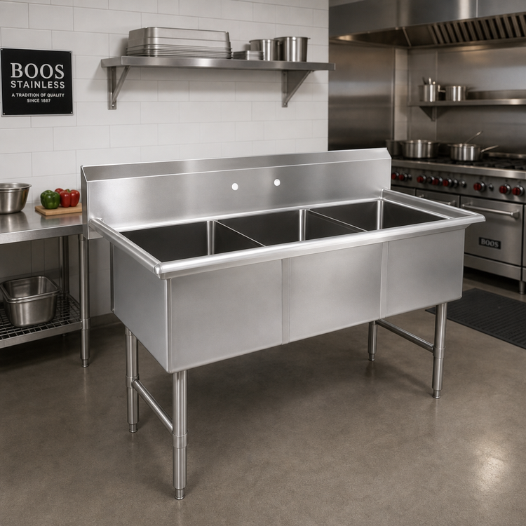 Product image #2 for John Boos 3B244 B-Series 3-Compartment Stainless Steel Sink with 10-Inch Backsplash