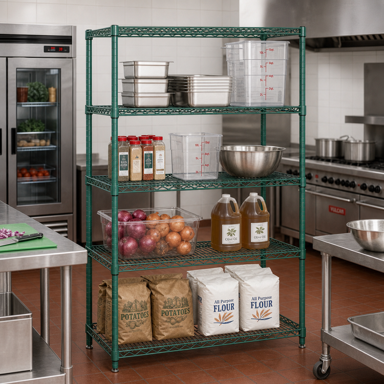Product image #2 for Quantum Stationary Wire Shelving Starter Kit, 54 in. W x 18 in. D x 74 in. H, Green Epoxy Antimicrobial Finish, 600 to 800 lb. Capacity