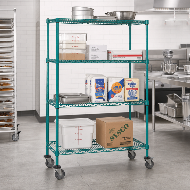 Product image #2 for Quantum 48 in. W x 18 in. D x 69 in. H 5-Shelf Mobile Wire Shelving Cart with Green Epoxy Antimicrobial Finish