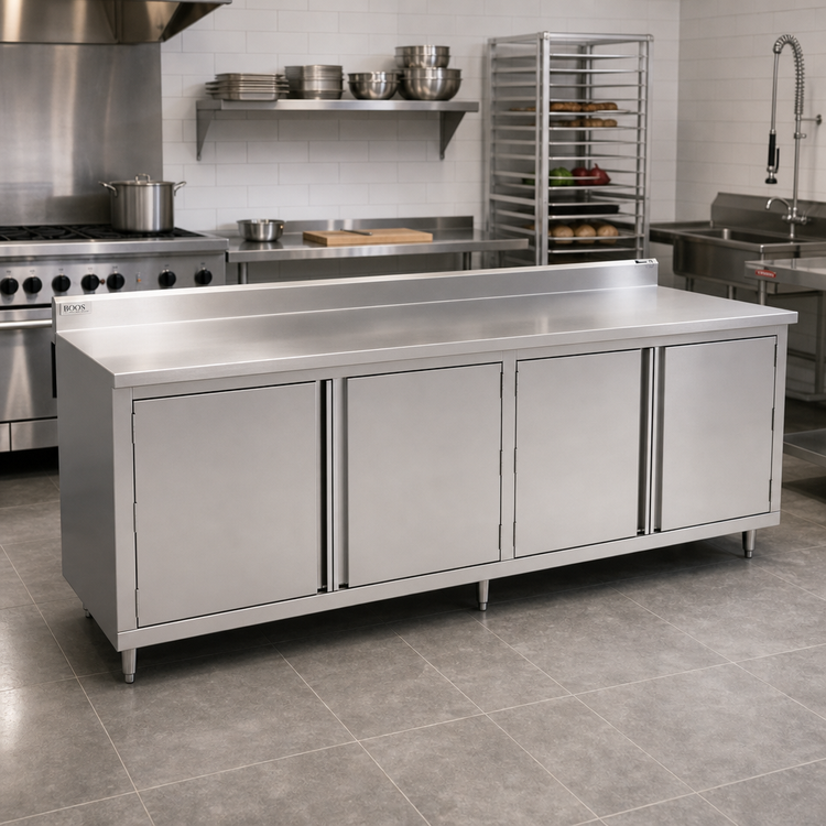 Product image #2 for John Boos 108 x 30-Inch Enclosed Base Stainless Steel Work Table with Hinged Doors, 14-Gauge Top, and 5-Inch Backsplash