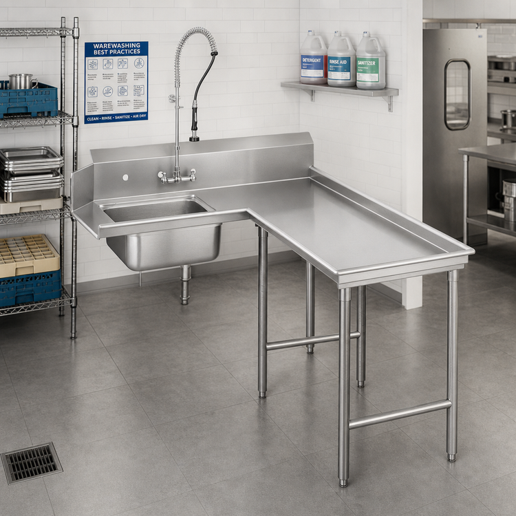 Product image #2 for Advance Tabco Spec-Line L-Shaped Right-Hand Island Soil Dishtable with Pre-Rinse Sink, 107-Inch Long, 14 Gauge 304 Stainless Steel