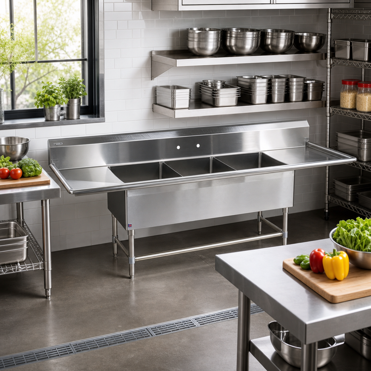 Product image #2 for John Boos Pro-Bowl Commercial 3-Compartment Stainless Steel Sink with Left and Right Drainboards