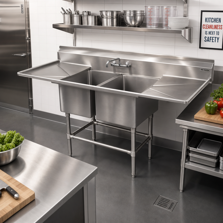 Product image #2 for Spec-Master FN Series Coved Corner Two-Compartment Stainless Steel Sink with 30-Inch Left Drainboard