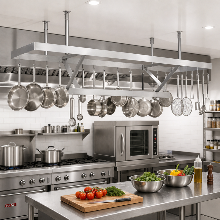 Product image #2 for Klinger's Trading SC84 Ceiling-Mounted Triple-Bar 304 Stainless Steel Pot Rack, 84W x 22D