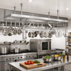 Thumbnail image #2 for Klinger's Trading SC84 Ceiling-Mounted Triple-Bar 304 Stainless Steel Pot Rack, 84W x 22D, 18 Double-Prong Hooks