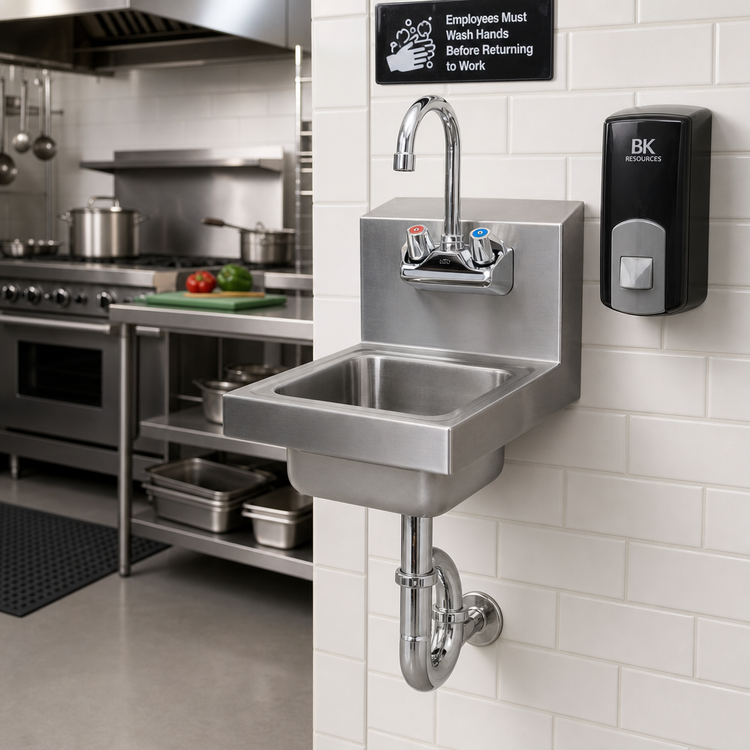 Product image #2 for BK Resources Space Saver Wall-Mount Hand Sink with 9 x 9 x 5 Inch Bowl, Faucet, P-Trap, and Basket Drain, 304 Stainless Steel
