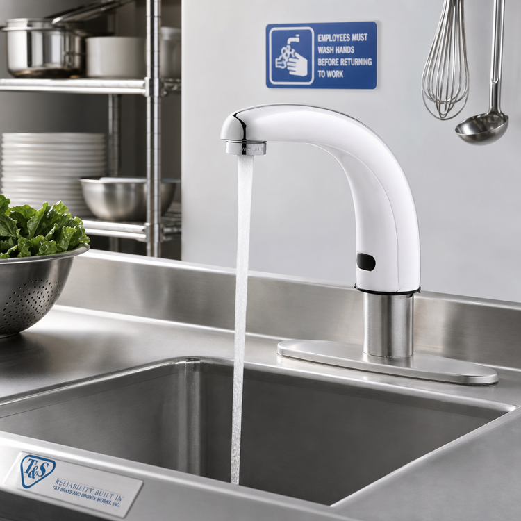 Product image #2 for T&S Brass Touchless Rigid Gooseneck Electronic Faucet with Thermostatic Mixing Valve, Deck Mount, Hydro-Generator Powered, 0.5 GPM