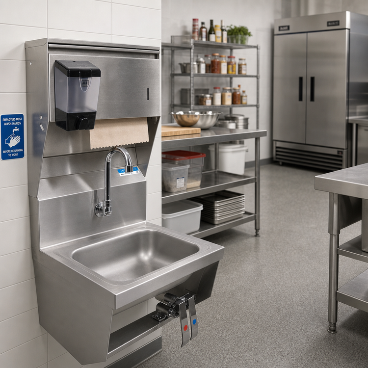 Product image #2 for BK Resources Wall-Mount Stainless Steel Hand Wash Sink with Towel and Soap Dispenser, 14 x 10 Bowl, 5-Inch Deep