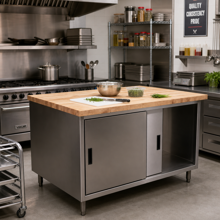 Product image #2 for BK Resources Dual Access Hard Maple Chef Table with Sliding Door Cabinet Base, 60 x 36 Inches