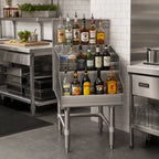 Thumbnail image #2 for Eagle Group Spec-Bar LDDR12-19 Freestanding Liquor Bottle Display Unit, 12"W x 24"D, 4-Step, Double Speed Rail, 304 Stainless Steel