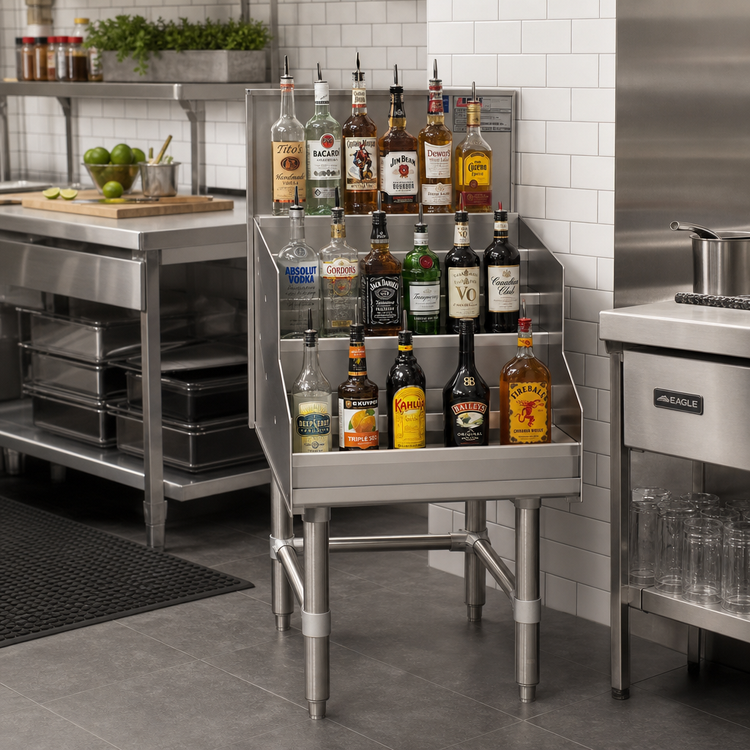 Product image #2 for Eagle Group Spec-Bar Freestanding Liquor Bottle Display Unit, 12"W x 24"D, 4-Step, Double Speed Rail, 304 Stainless Steel (LDDR12-19)