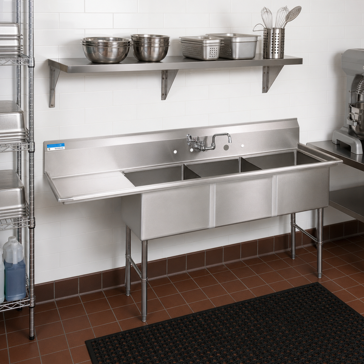 Product image #2 for BK Resources Three-Compartment Stainless Steel Sink with Left Drainboard, 24 x 24 x 14-Inch Bowls, 16-Gauge