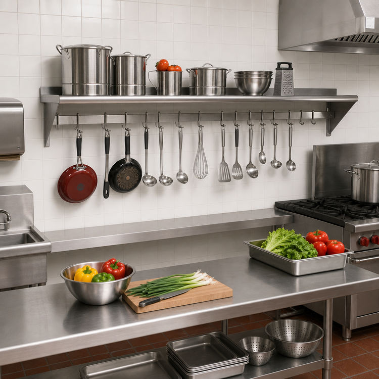 Product image #2 for Advance Tabco Wall-Mounted 18/430 Stainless Steel Shelf with Pot Rack, 120 x 18 Inches
