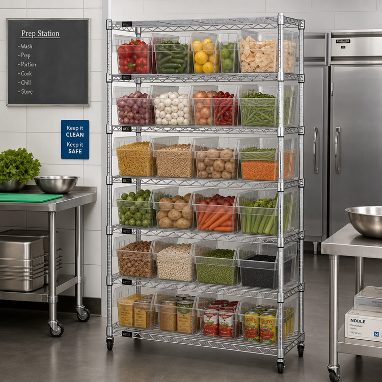 Product image #2 for Quantum 36-Inch Wide Chrome Bin Wire Shelving System with 8 Shelves and 28 Clear Bins