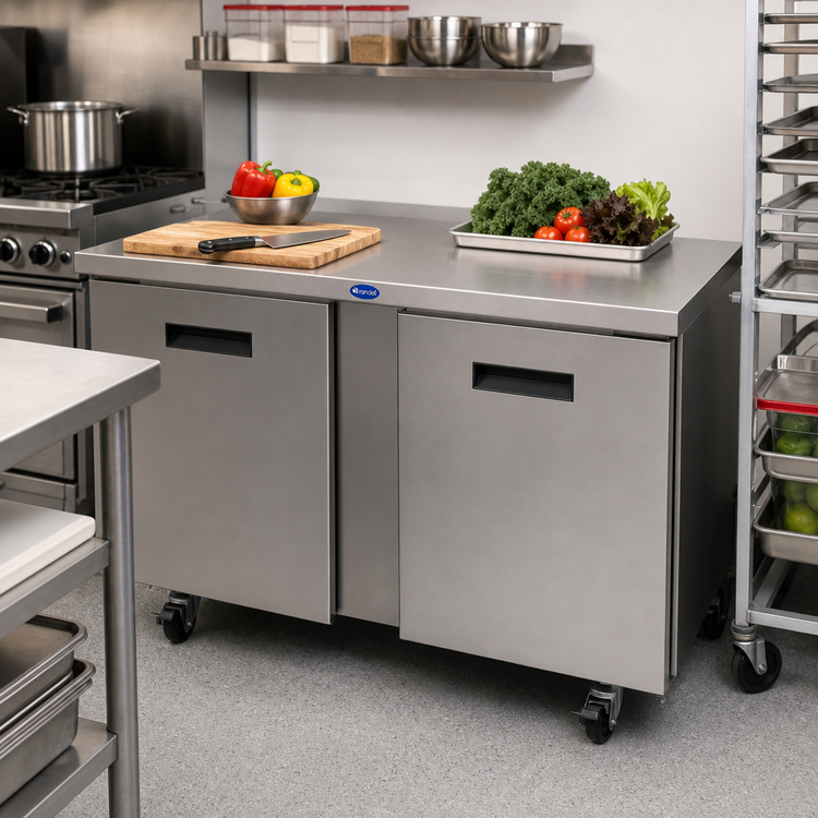 Product image #2 for Randell 48 Inch Two-Section Worktop Freezer with Doors, Stainless Steel, Rear-Mounted Self-Contained R290, 1/2 HP