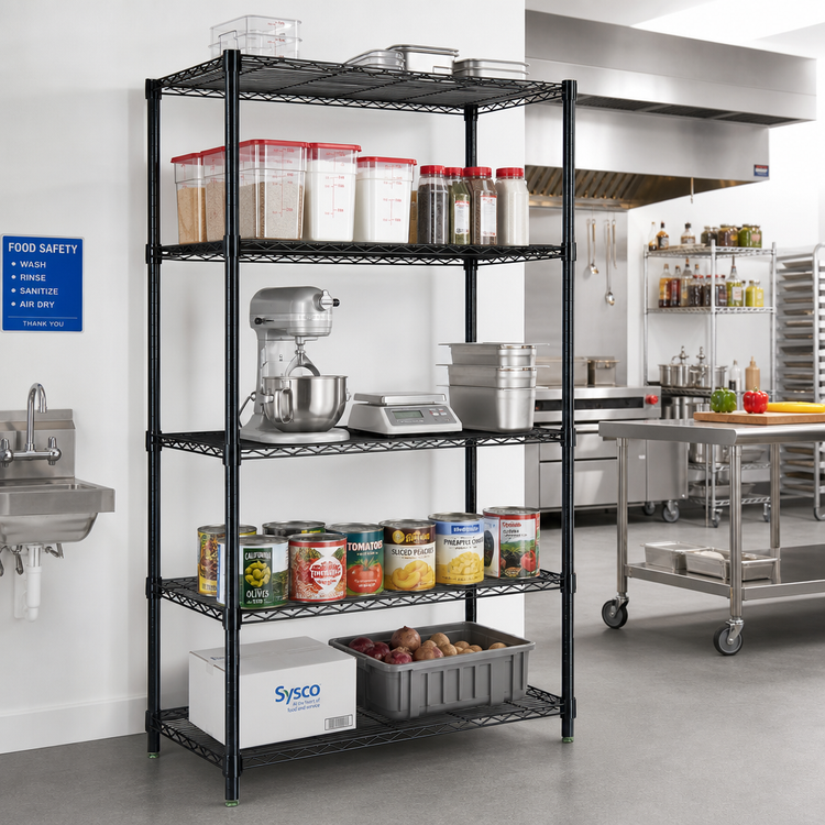 Product image #2 for Quantum Stationary Wire Shelving Starter Kit, 48"W x 14"D x 86"H, Black Epoxy Antimicrobial Finish, 5 Shelves