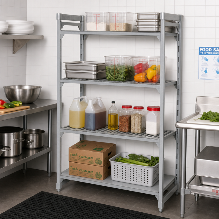 Product image #3 for Cambro Camshelving Premium 4-Tier Stationary Starter Unit, 54 x 21 x 72 Inches, 3 Vented + 1 Solid Shelf Plates, Speckled Gray