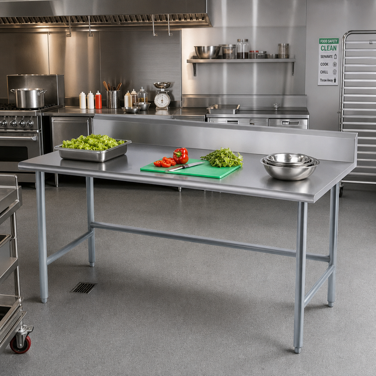 Product image #2 for Advance Tabco 120-Inch x 36-Inch 16-Gauge 304 Stainless Steel Commercial Work Table with 5-Inch Backsplash and Galvanized Open Base